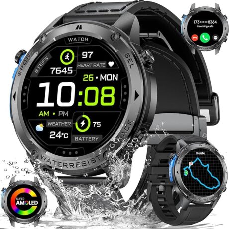 Smart Watch for Men, Compass Smartwatch with Calling, 170+ Sport Modes Fitness Tracker Watch, 1.43” AMOLED Smart Watches, Rugged Smart Watch for Android and iOS